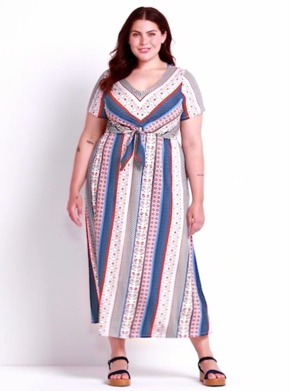 Lane Bryant Blue Red White Patterned Midi Maxi Dress V Neck Knot New Size 22 24